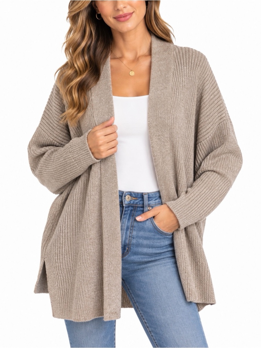 HANNAH Women’s Open Front Cardigan Size L Taupe Ribbed Knit Oversized Sweater